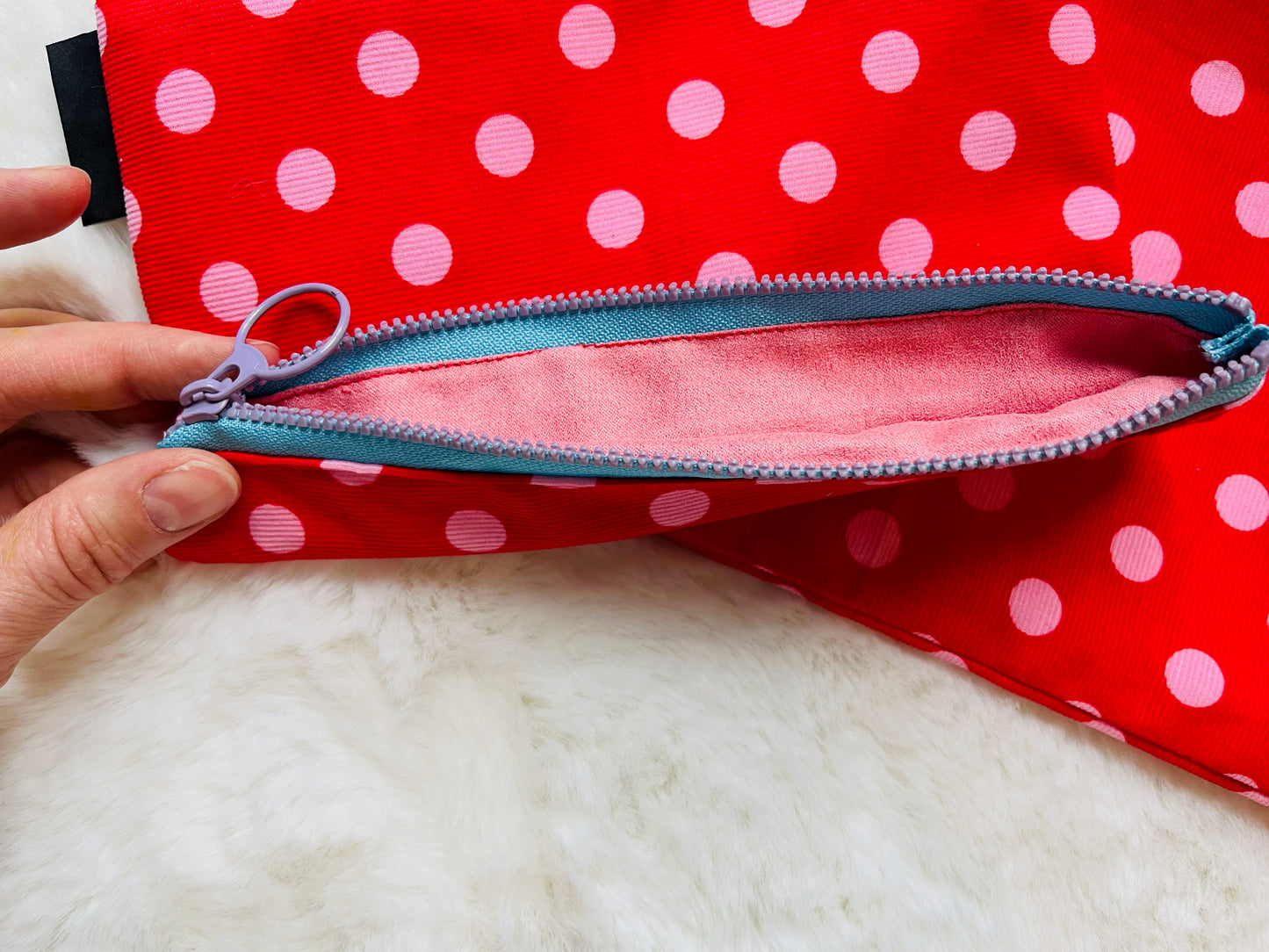 Red-polka lined cotton pouch